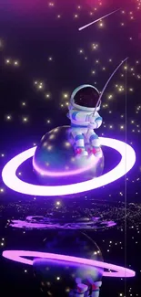 Colorful astronaut floating in neon space with stars.