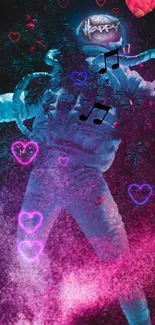 Vibrant astronaut with neon hearts and musical notes in cosmic design.