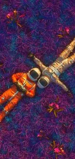 Two astronauts lying in a vibrant, colorful field.