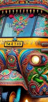 Vibrant and intricately designed auto rickshaw art in bold colors.
