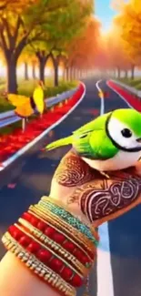 Hand holding a green bird on a colorful autumn road with butterflies.