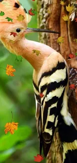 Vibrant bird resting on a tree trunk with floating autumn leaves.