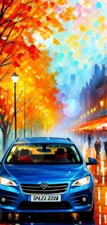 Colorful autumn cityscape with a blue car and vibrant street lighting.