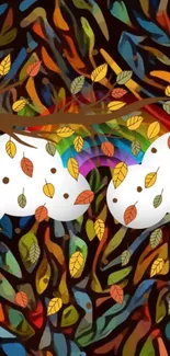 Whimsical autumn clouds with colorful leaves on abstract wallpaper.