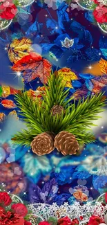 Vibrant autumn-themed wallpaper with leaves and pine cones.