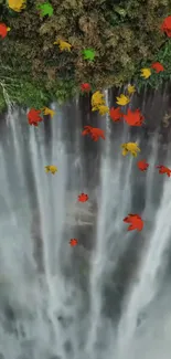 Colorful autumn leaves falling over a scenic waterfall.