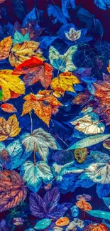 Vibrant autumn leaves in colorful hues on a blue background.