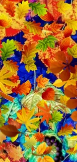 Vibrant autumn leaves in orange, yellow, and blue hues for mobile wallpaper.