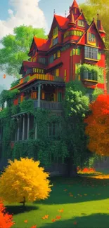 Vibrant red mansion surrounded by colorful autumn foliage and green landscape.