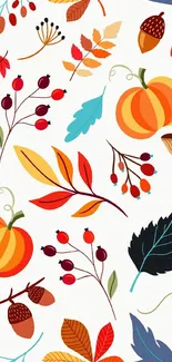 Vibrant autumn wallpaper with pumpkins, acorns, and colorful leaves.