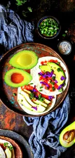 Colorful arrangement of avocados, tortillas, and vegetables on a dark background.