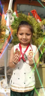 Young girl with awards and Indian flags in vibrant background.