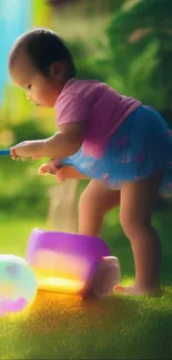 A baby in a colorful garden exploring with glowing objects.