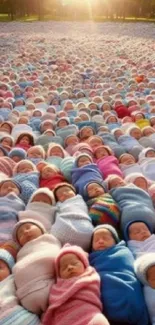 Hundreds of swaddled babies in colorful blankets with a golden sunset backdrop.