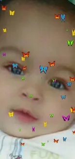 Cute baby face with colorful butterflies wallpaper.