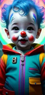 Cheerful baby clown in colorful attire on mobile wallpaper.