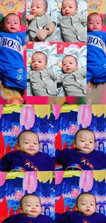 Vibrant collage of baby photos with colorful backgrounds and outfits.