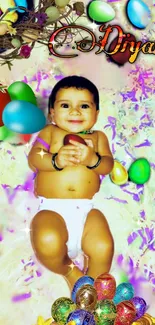 Baby surrounded by colorful Easter eggs with festive decorations.