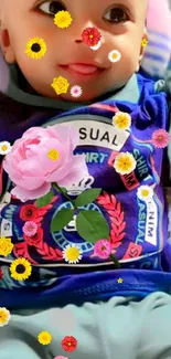 Baby surrounded by colorful flowers on a vibrant blue background.