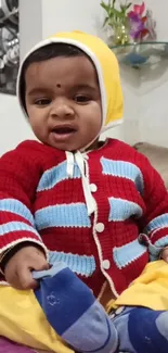 Adorable baby in colorful striped sweater sitting happily.