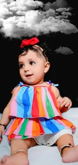 Adorable baby with colorful dress and cloud on black background.