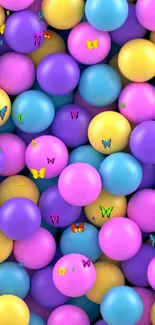 Colorful pattern wallpaper with pink, blue, yellow, and purple spheres.