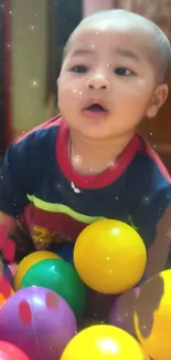 Baby playing amidst colorful balls.