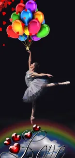 Ballet dancer holding colorful balloons against black background.