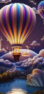 Colorful hot air balloon over a dreamy landscape with clouds and stars.