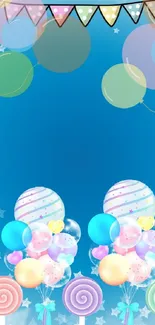 Festive wallpaper with balloons, lollipops and a blue starry background.