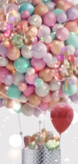 Pastel balloon cluster with birthday gifts and decorations.