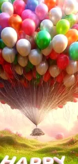 Vibrant balloons over a sunny landscape.
