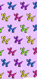 Vibrant balloon dog pattern on lavender background.