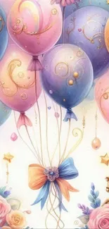 Colorful balloons with flowers and a whimsical theme.