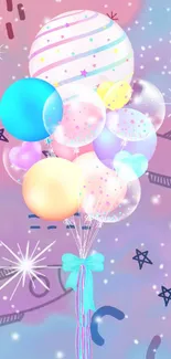 Colorful pastel balloons against a galaxy background with stars.