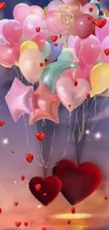 Pastel balloons with red hearts in a dreamy sunset sky.