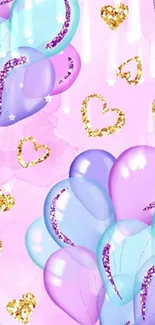 Pastel balloons and glitter hearts on pink wallpaper.