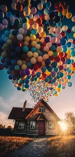 Mobile wallpaper of a house lifted by colorful balloons at sunset.