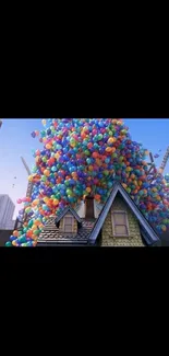 Colorful balloons lift a house into a clear blue sky.