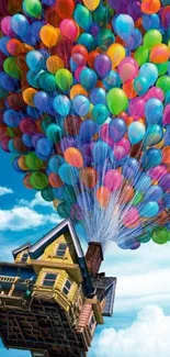 Whimsical house floating with colorful balloons in the sky.