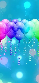 Colorful balloons on a bright blue background creating a playful scene.