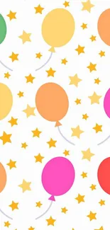 Colorful balloons and stars wallpaper on a white background.