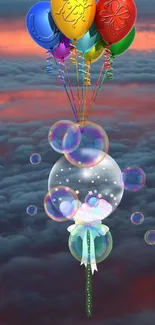 Colorful balloons and bubbles floating in a dreamy sky.