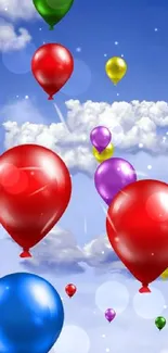 Colorful balloons floating in a blue sky with clouds.