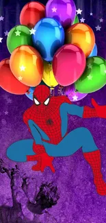 Superhero with colorful balloons on a purple background.