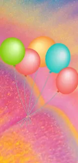 Colorful balloons with a pink and rainbow background.