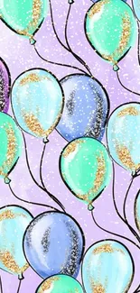 Vibrant balloons with glitter on a pastel lavender background.