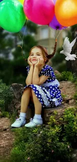 Girl with colorful balloons on a rock, surrounded by nature, with a dove flying above.