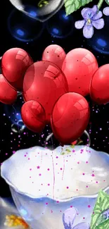 Red balloons floating with floral accents and a cup.