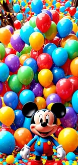 Colorful balloons with an iconic cartoon character in a festive setting.